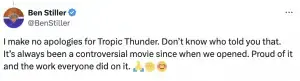 Ben Stiller's 2023 Tropic Thunder tweet.