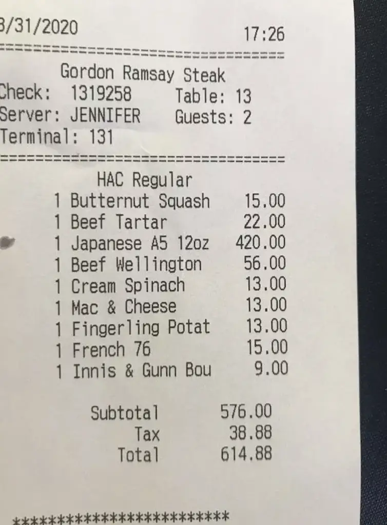 Gordon Ramsay diner bill.