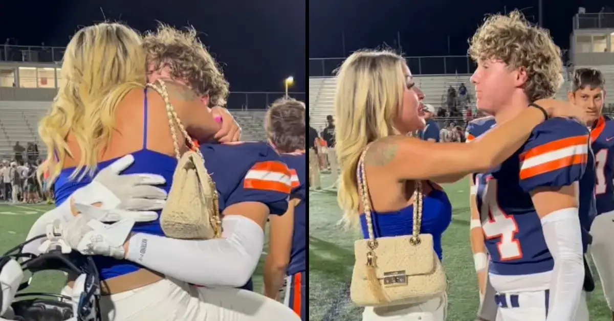 The son involved in a viral video of his mum emphatically hugging him after an American football has now made a heartbreaking confession.