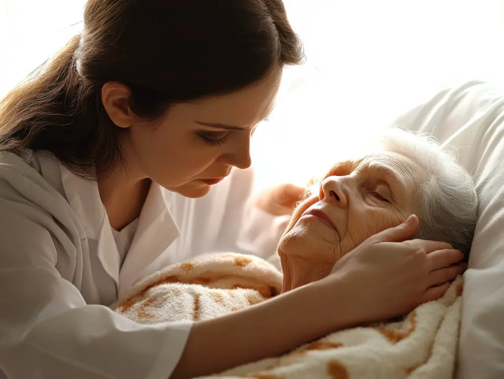 In warm light, a compassionate nurse gently drapes a warm blanket over an elderly woman, offering comfort and care.