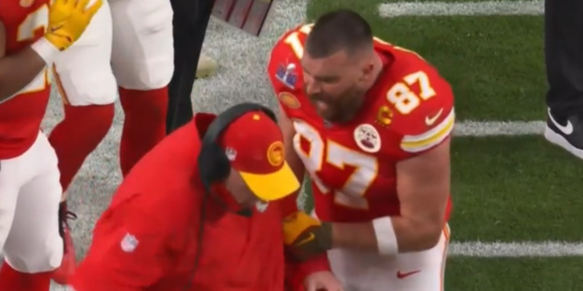 Andy Reid and Travis Kelce at the 2024 Super Bowl.