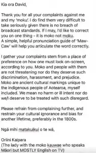 Oriini Kaipara's response to complaint.