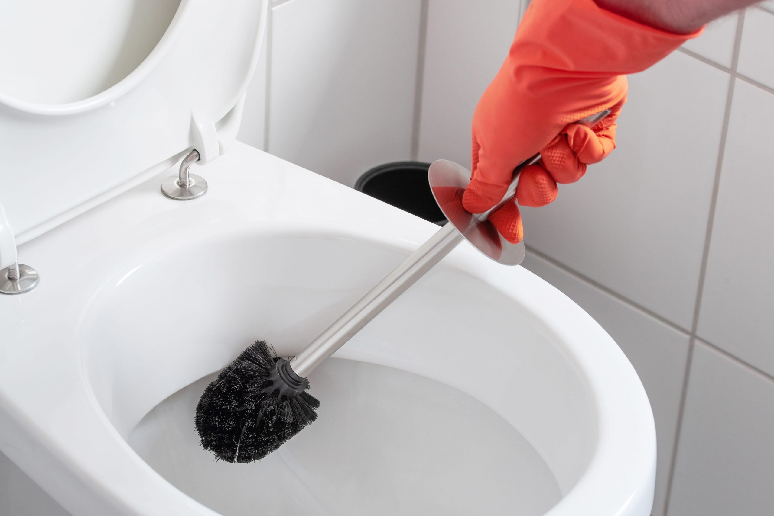 Person cleaning toilet. 