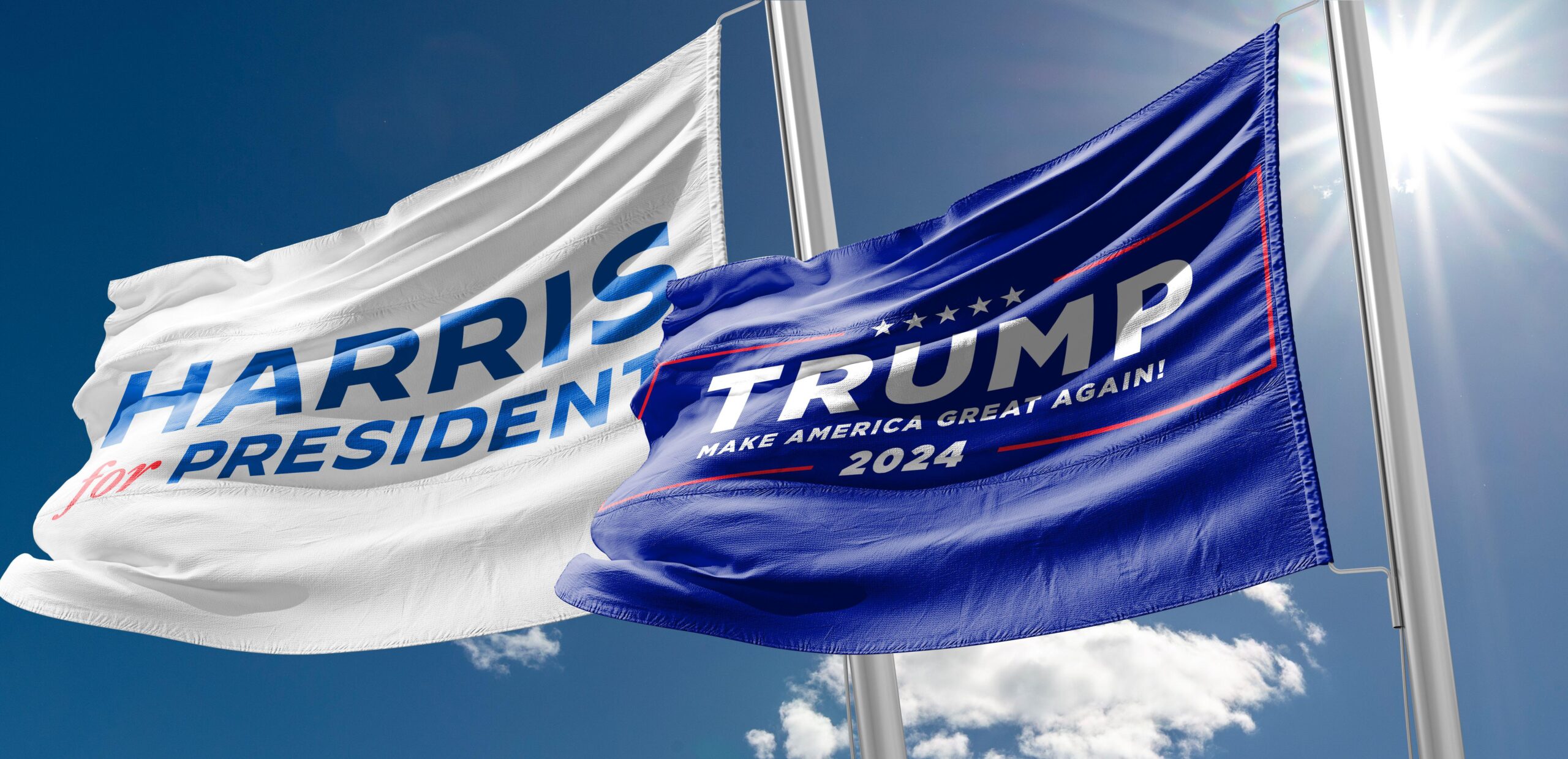 Harris and Trump flags.