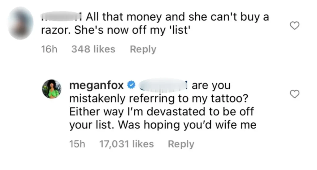 Megan Fox hits back at Instagram user who thought she hadn't shaved her bikini line. 