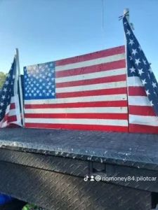 American flag on truck. 