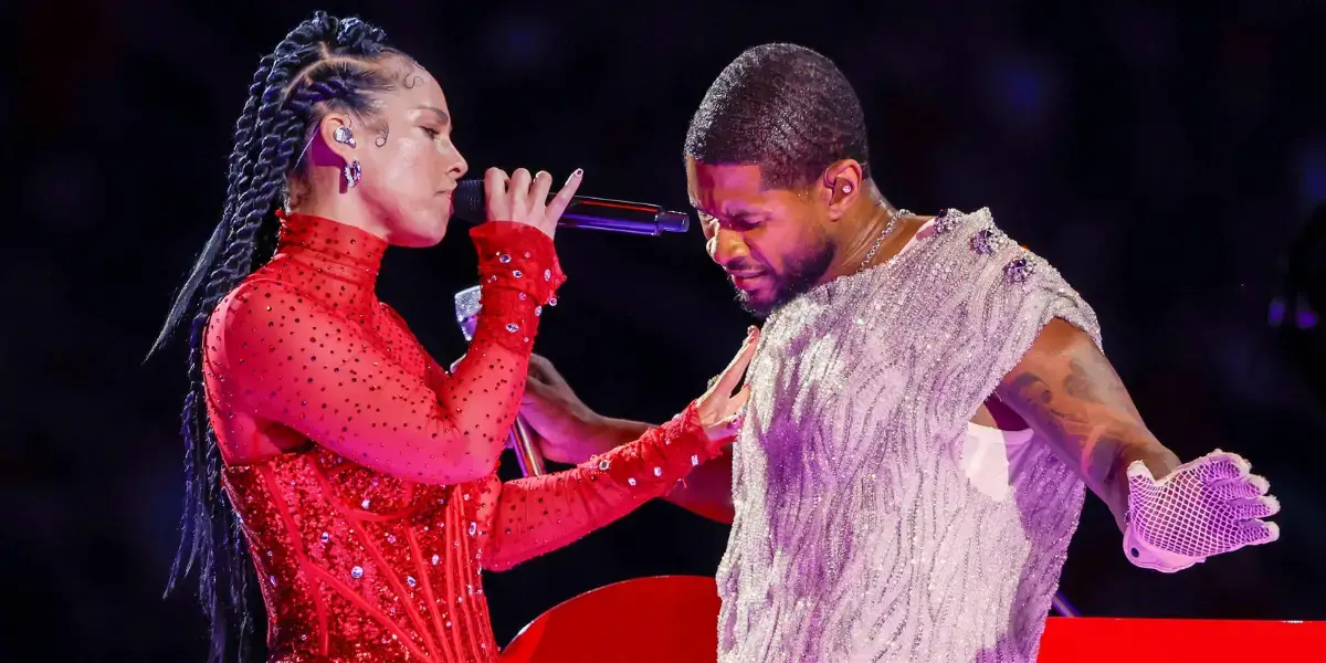 Alicia Keys and Usher at the 2024 Super Bowl.