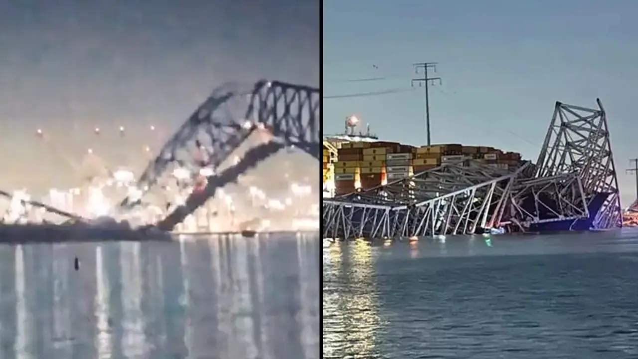 A Baltimore bridge has collapsed after being hit by a cargo ship, leaving many vehicles to fall into the freezing water.