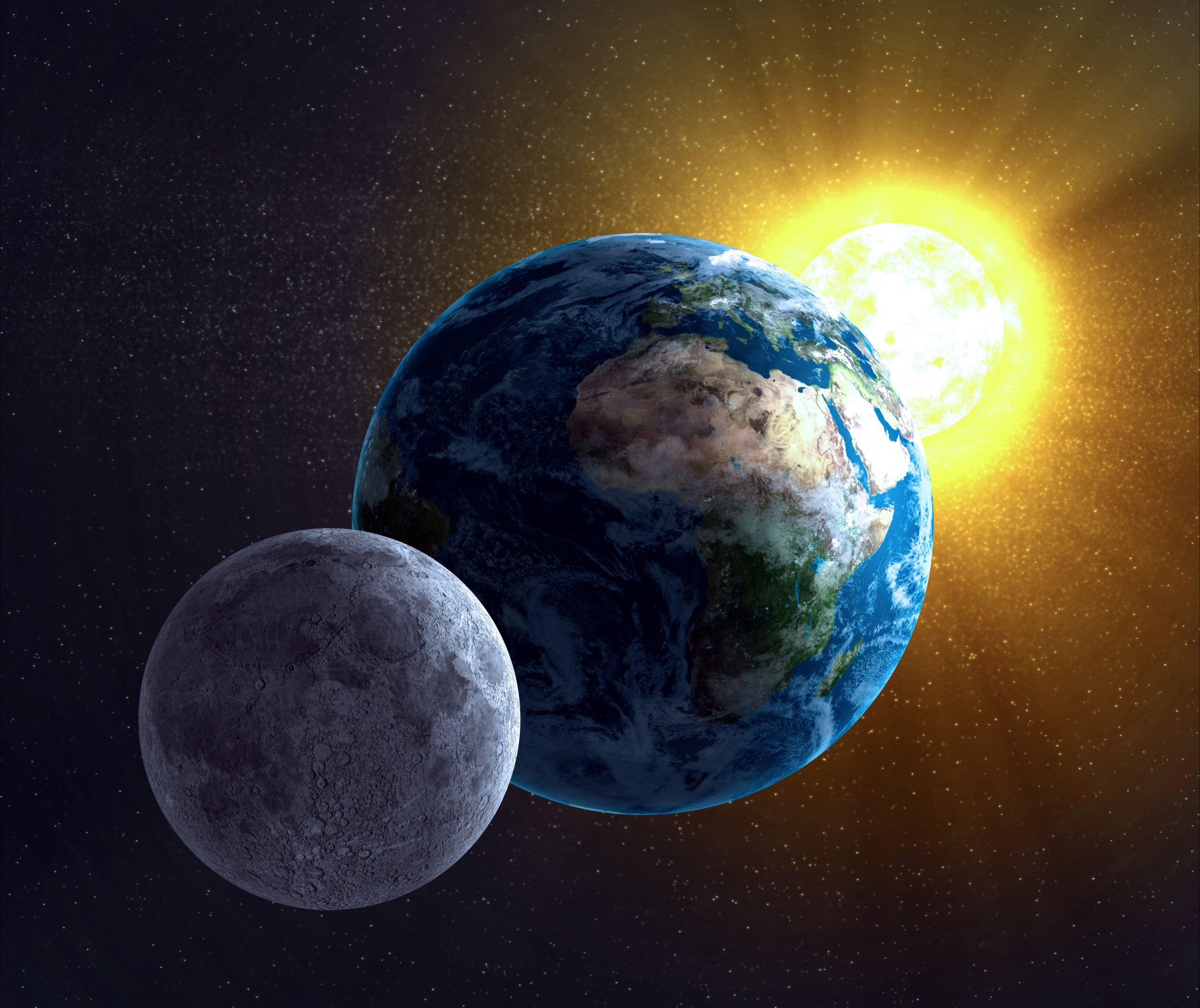 Moon, Earth and Sun.