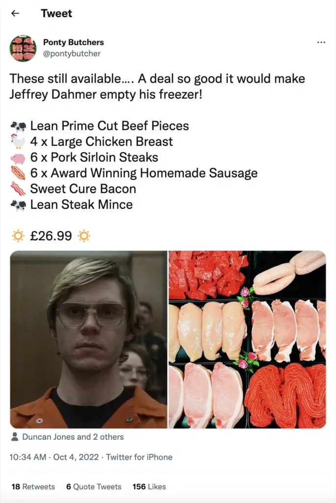 Ponty Butchers' Jeffrey Dahmer tweet.