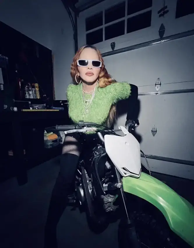 Madonna on a motorbike. 