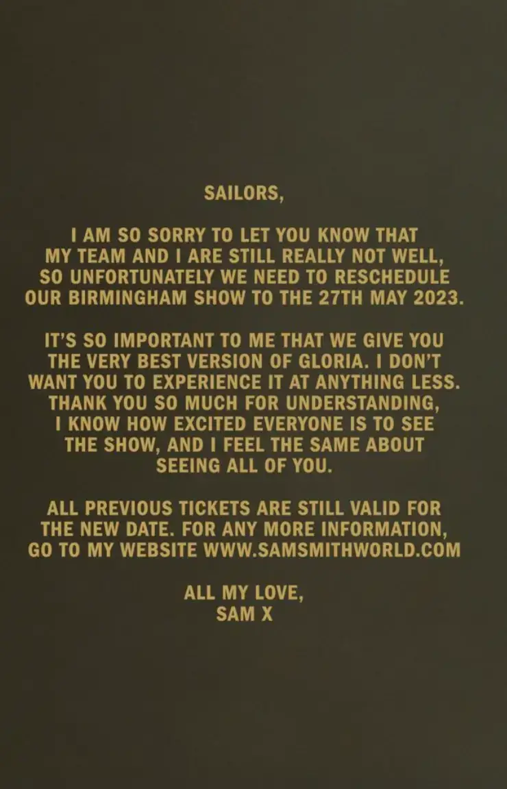 Sam Smith's gig statement. 