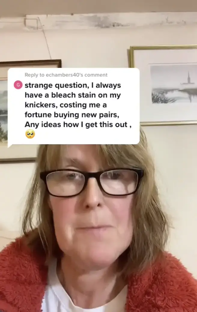 Woman explains bleached underwear. 