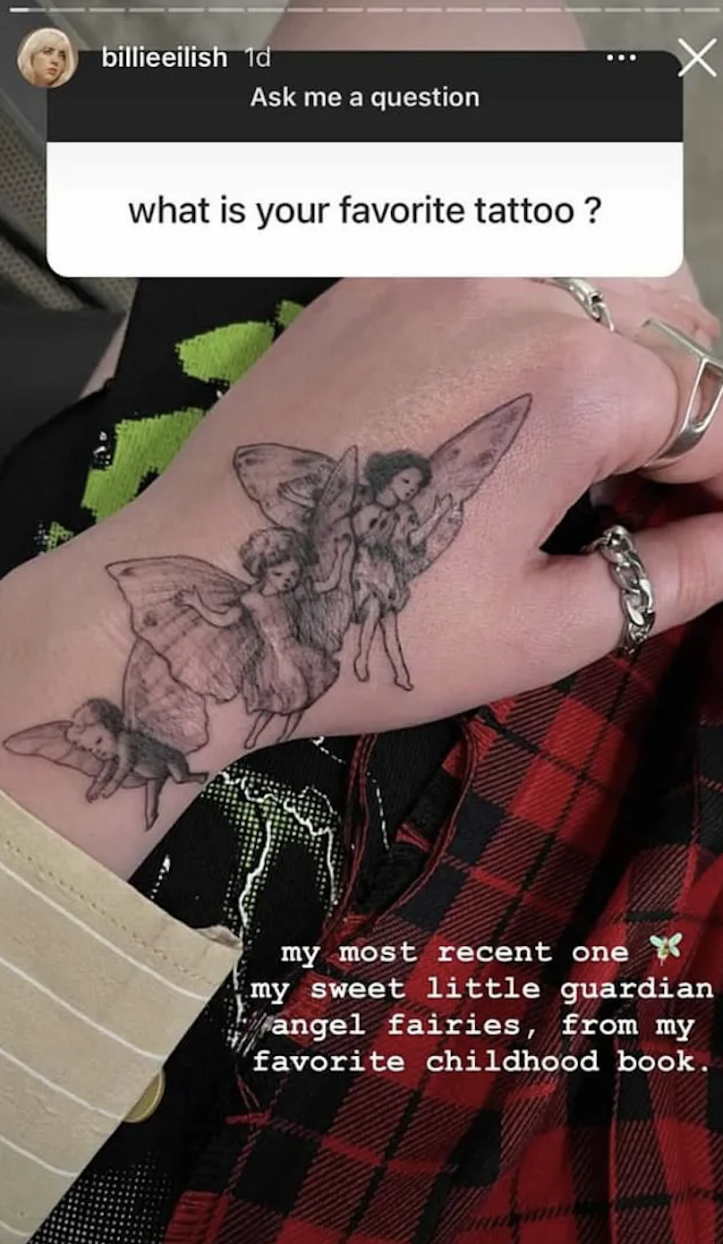 Billie Eilish's guardian angel tattoo. 