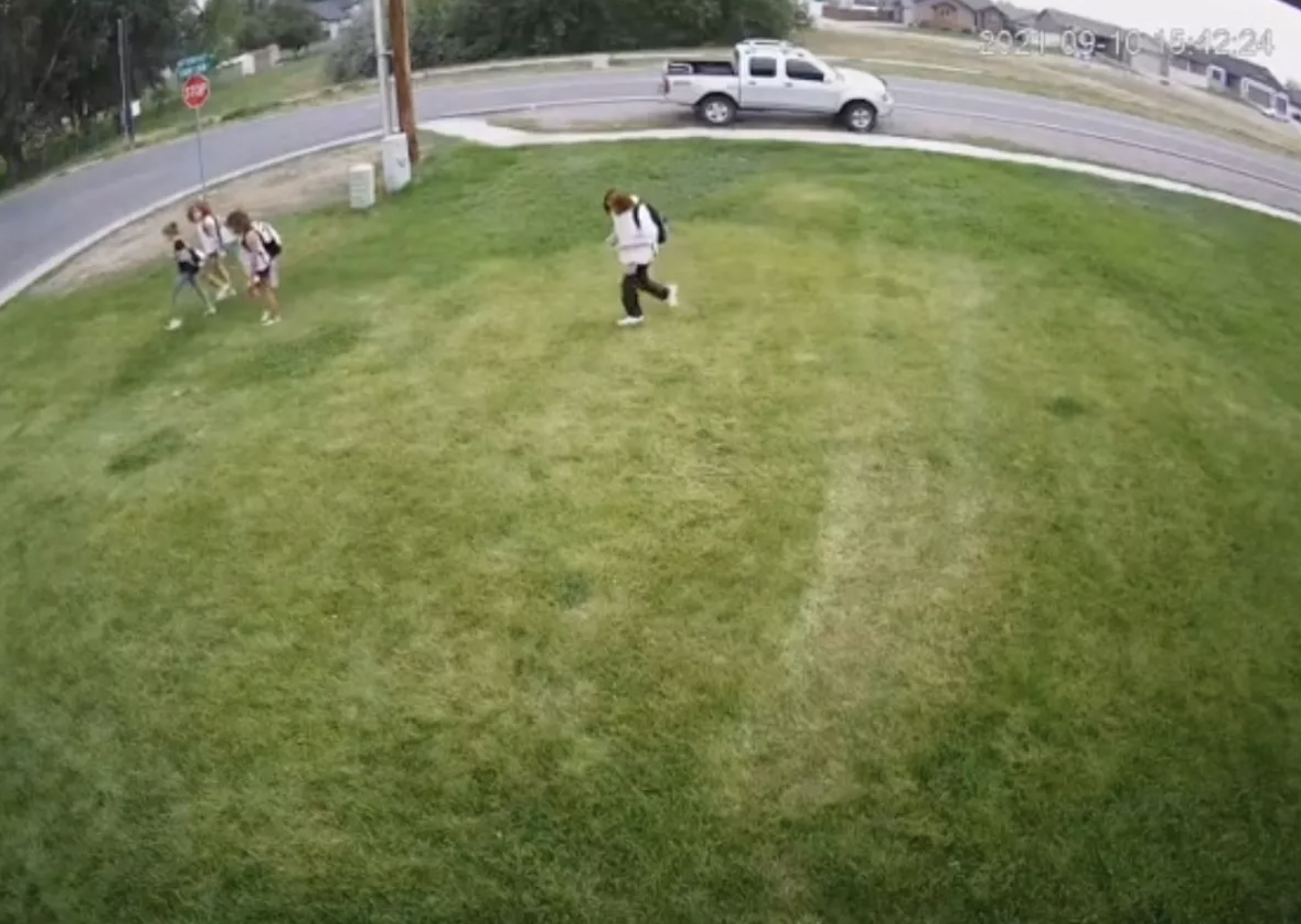 People walking across someone's lawn