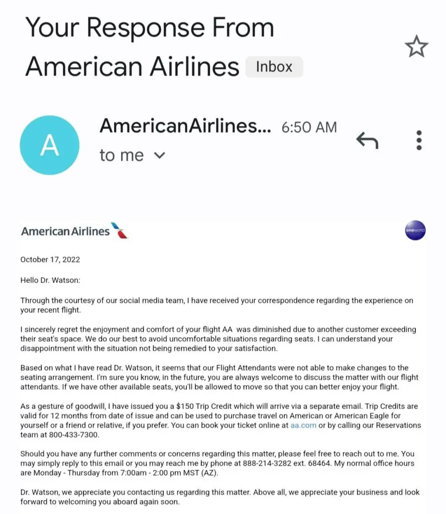 American Airlines offering compensation to Sydney Watson. 