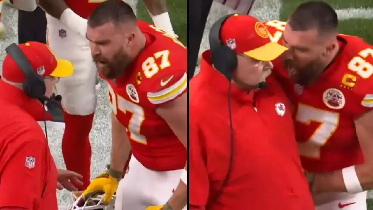 A seemingly heated exchange between Travis Kelce and his coach Andy Reid at the Super Bowl has gone viral.