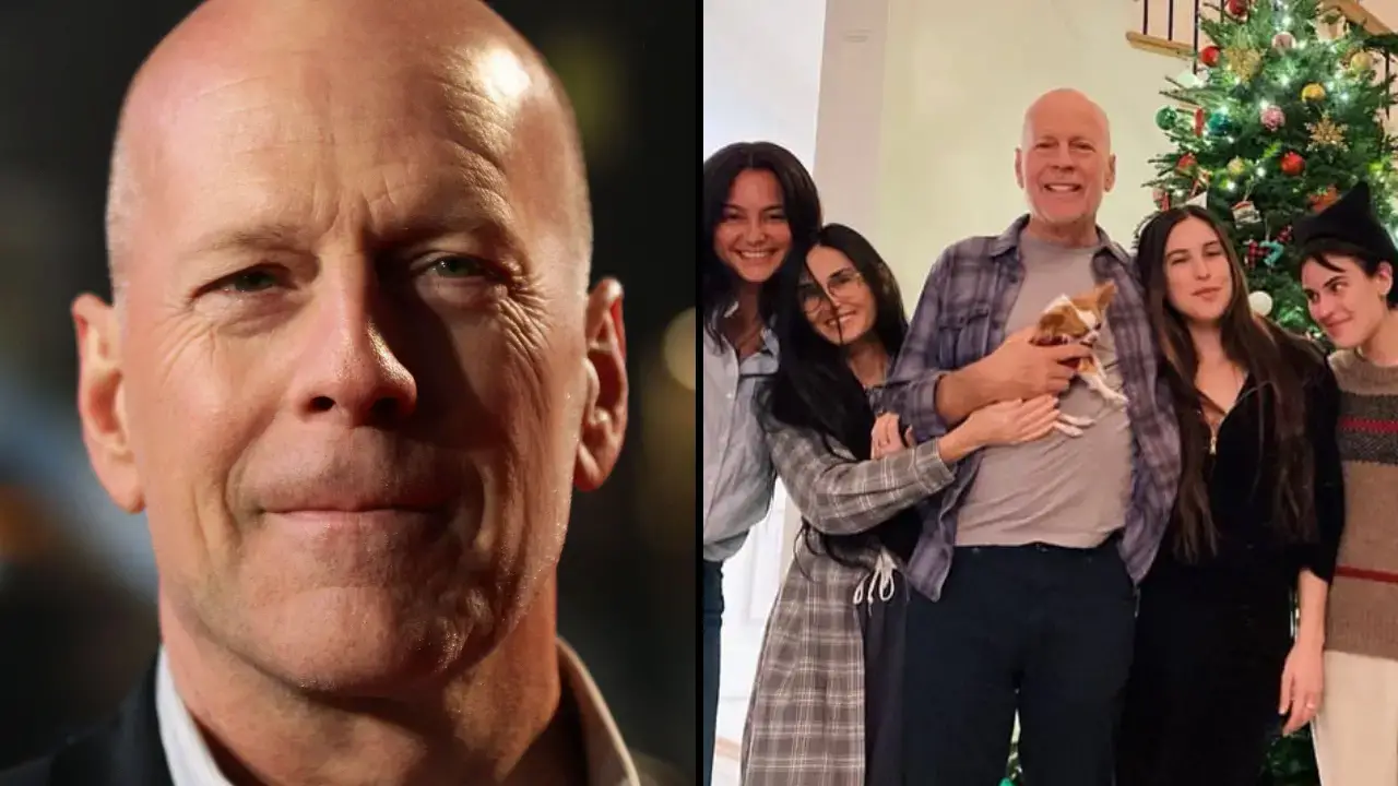 Bruce Willis poses in a family photo alongside his wife, ex-wife Demi Moore and his five children as they provide an update on his condition