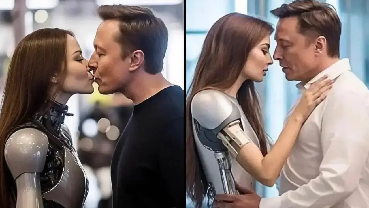 A bizarre photo of Elon Musk 'kissing a robot' has gone viral and it has left the internet baffled. 