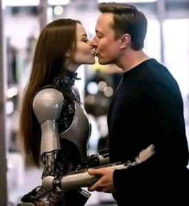 Elon Musk 'kissing a robot'.