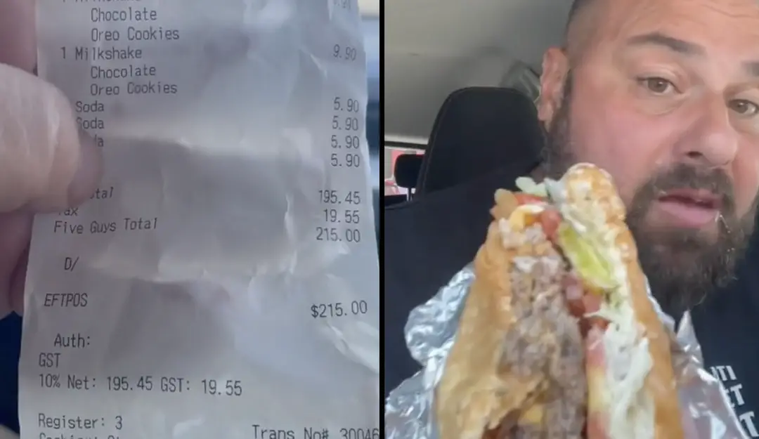 A Five Guys diner, known as @abrakebabra_reviews, has slammed the 'slop' burgers being served after being charged $215. 