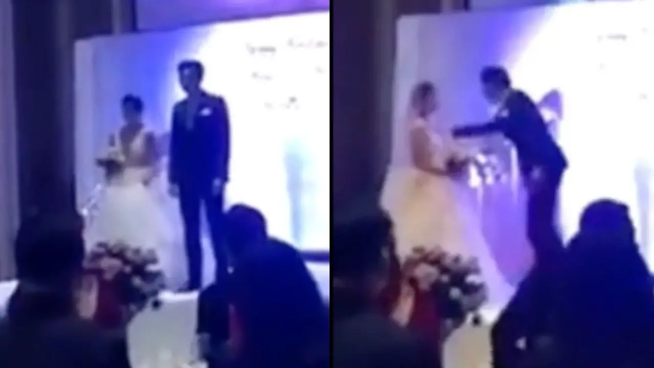 A groom has gone viral after interrupting his own wedding to play footage of his bride apparently cheating on him with her brother-in-law. 