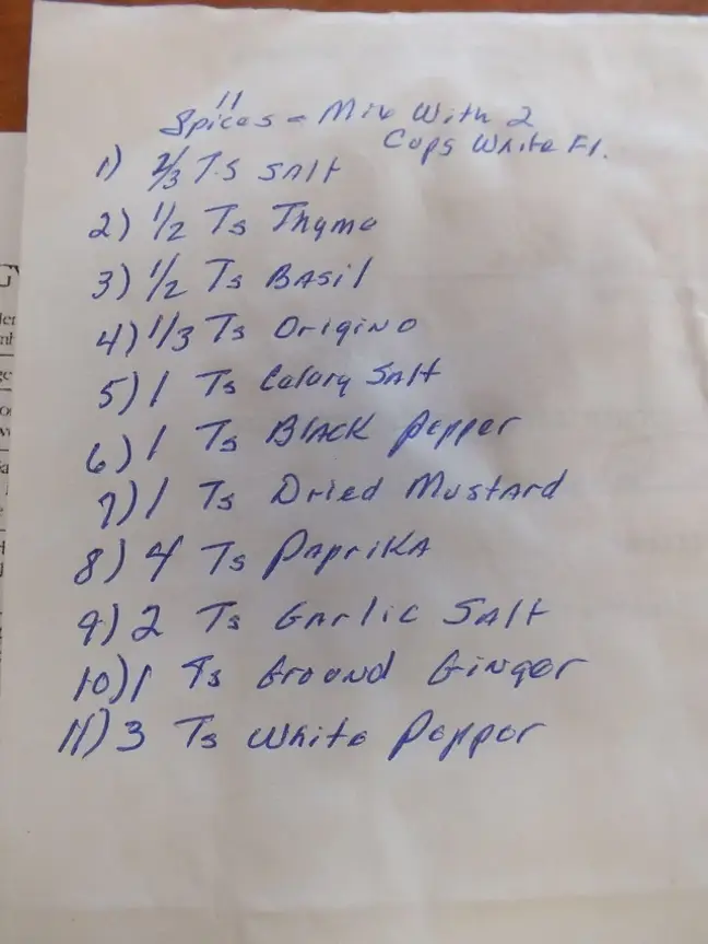 KFC's alleged 11 herbs spices recipe. 