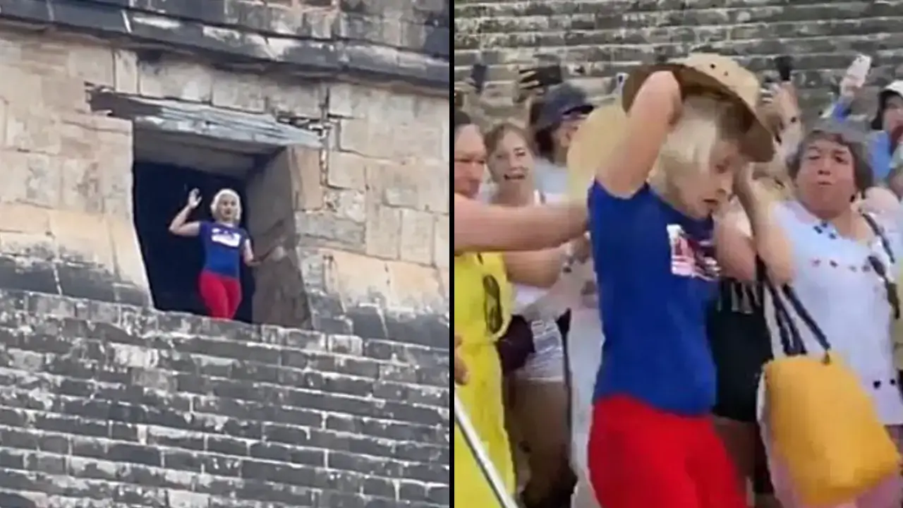 An angry mob 'called for a tourist to be sacrificed' after she climbed an ancient pyramid. 