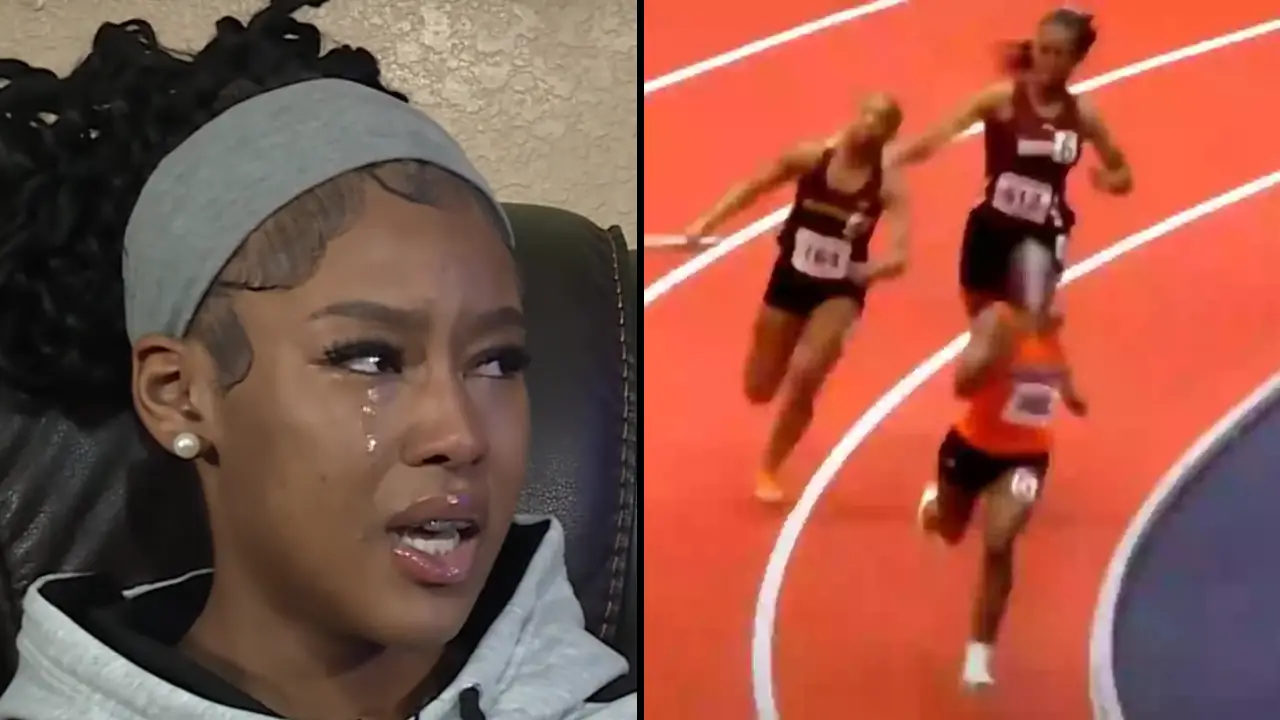 A horrifying moment a runner was 'attacked' with a baton by an opponent during a major race has sparked debate.