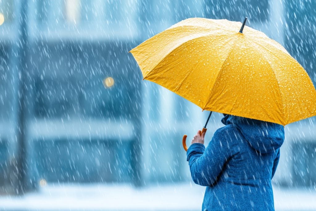 person holding umbrella in rain