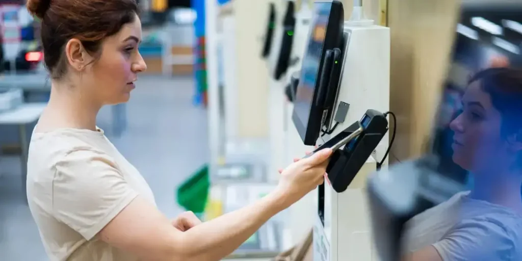 Woman at self-checkout.