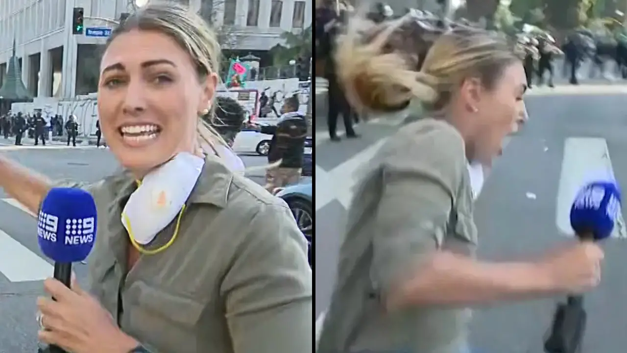 An Australian news reporter has been filmed being shot in the leg while she was reporting on the violent riots in LA.