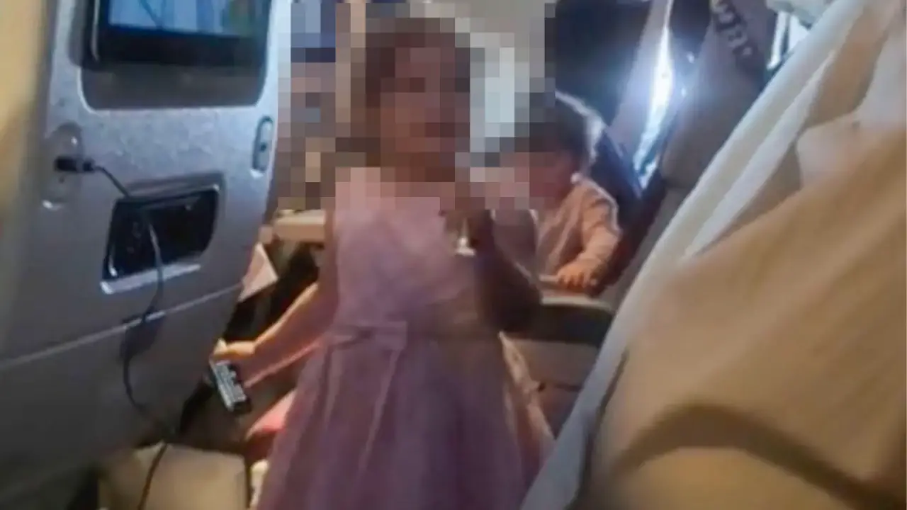 A viral video shows a heated confrontation after a young child stabs a fellow flight passenger with a fork while her mother sleeps.