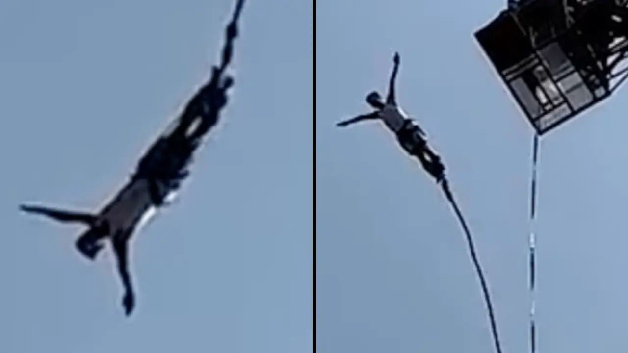 The terrifying moment a tourist's bungee jump snapped mid-air was caught on camera, after being hospitalized for three days.