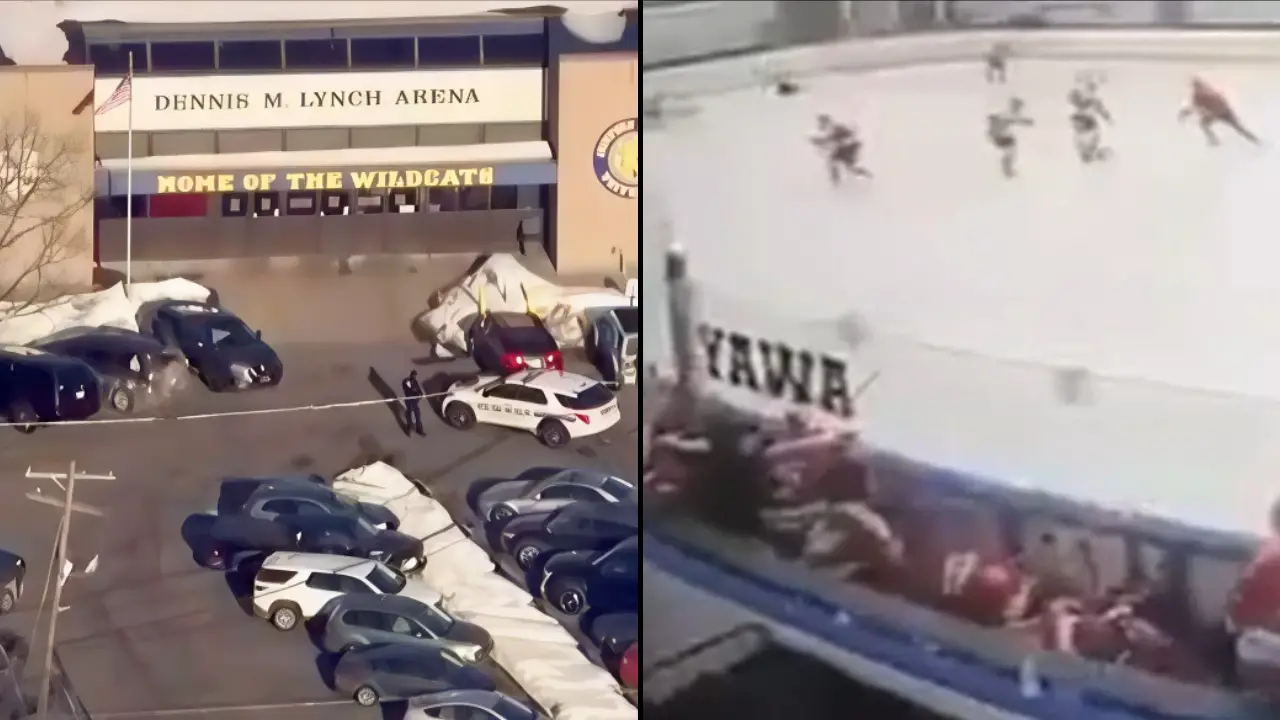 Footage captured the moment two people were shot dead and three others were injured at a high school ice hockey game in Rhode Island.