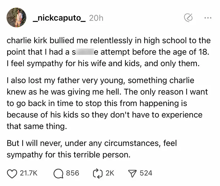 Social media post about Charlie Kirk