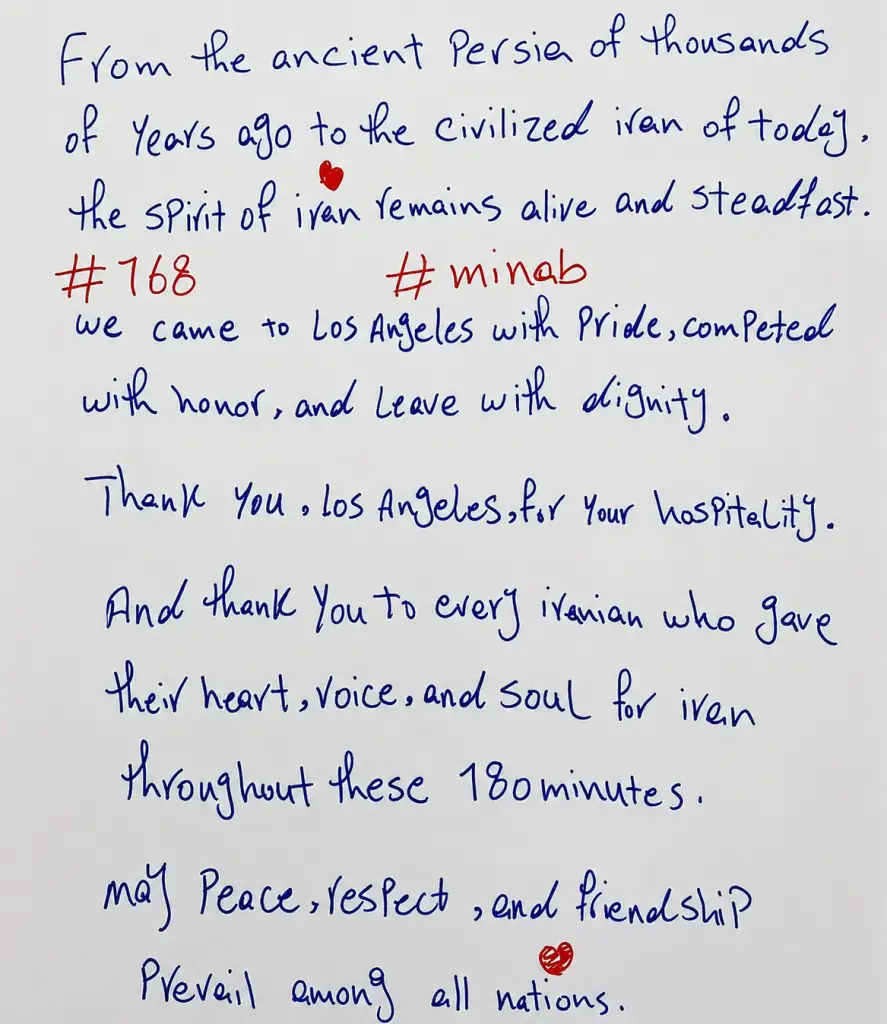 Iran's note left in Los Angeles Stadium