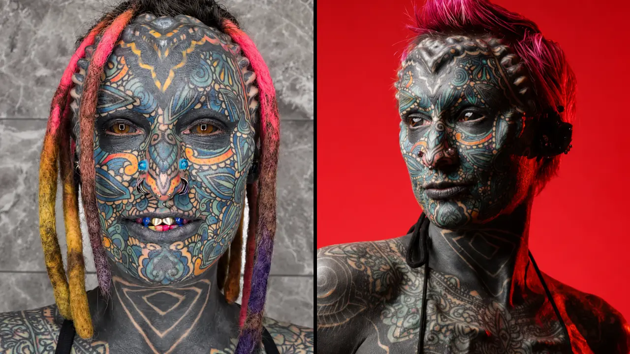 A woman dubbed the 'lizard lady' looks unrecognizable in a throwback photo from before her extreme transformation.